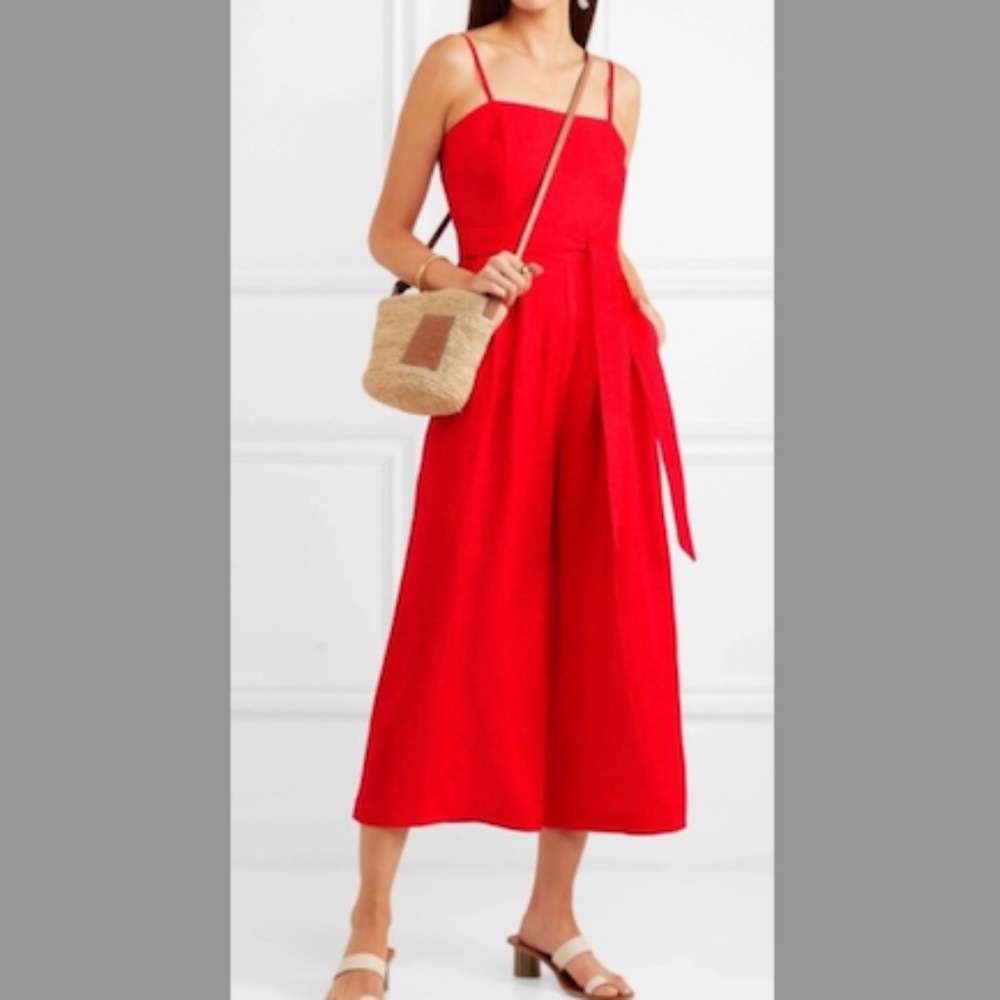 J Crew Red Tie Waist Linen Jumpsuit Size 2
